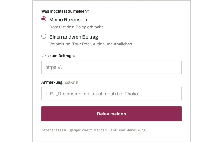 Formular für Empfängerinnen: Auswahl zwischen der eigenen Rezension und einem anderen Beitrag, ein Pflichtfeld für den Link und ein optionales Anmerkungsfeld.